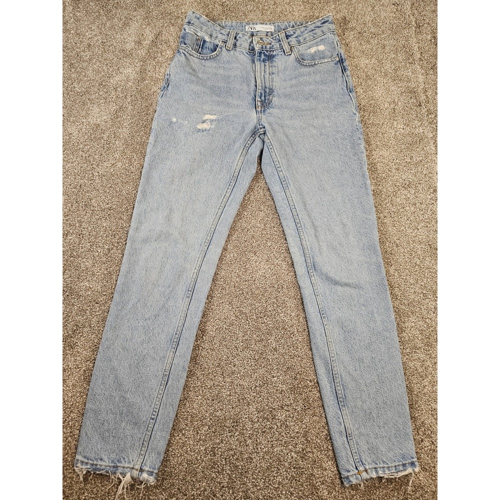 Zara Denim Light Wash Distressed High Rise Straight Leg Jeans - Picture 1 of 16